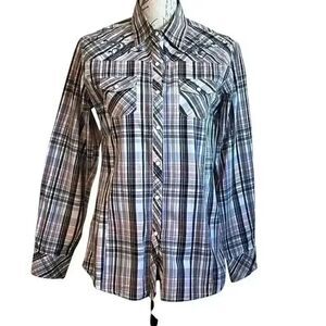Cowgirl Up Grey Pink Plaid Snap Pearl Button Western Embroidered Shirt M